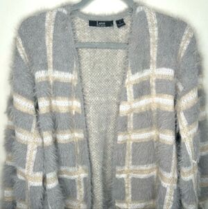 Size S Womens Love Ever After Fuzzy Puffy Sleeve Grey White Open Cardigan